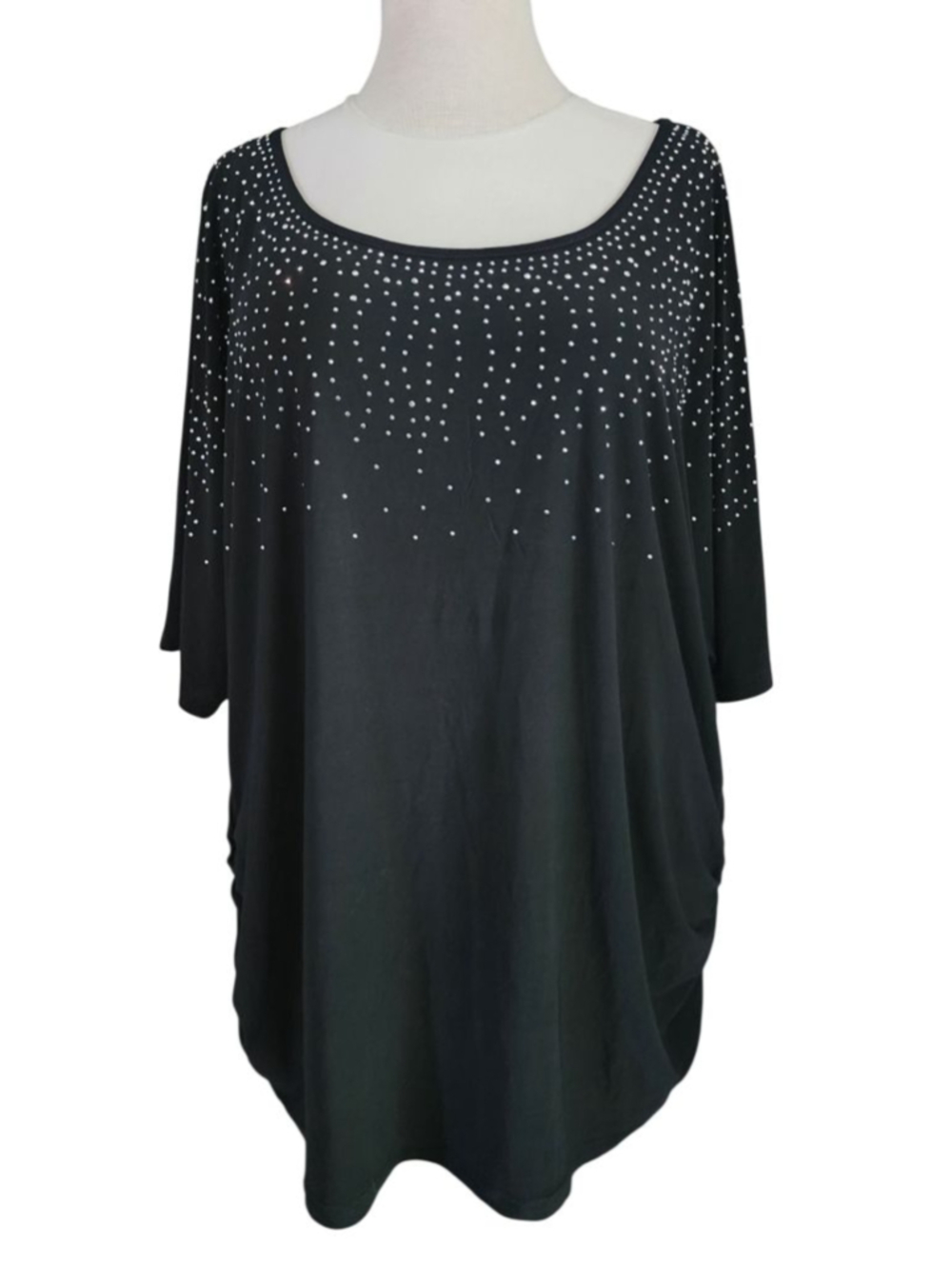 Black Rhinestone Top Espresso 2X Ruched Side Bling Sparkly Dolman Sleeve Shirt